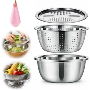 Mixing Bowls Stainless Steel Set, Germany Multifunctional Shredding Chopping Basin with Kitcgrater, Colander, Food Strainers (9.4in(24cm))