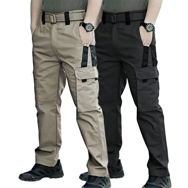 Men's 2-Pack Tactical Cargo Pants Set, Black & Khaki Plain Straight-Leg Patchwork Menswear Trousers with Woven Strap Details, Wear-Resistant for Outdoor Work