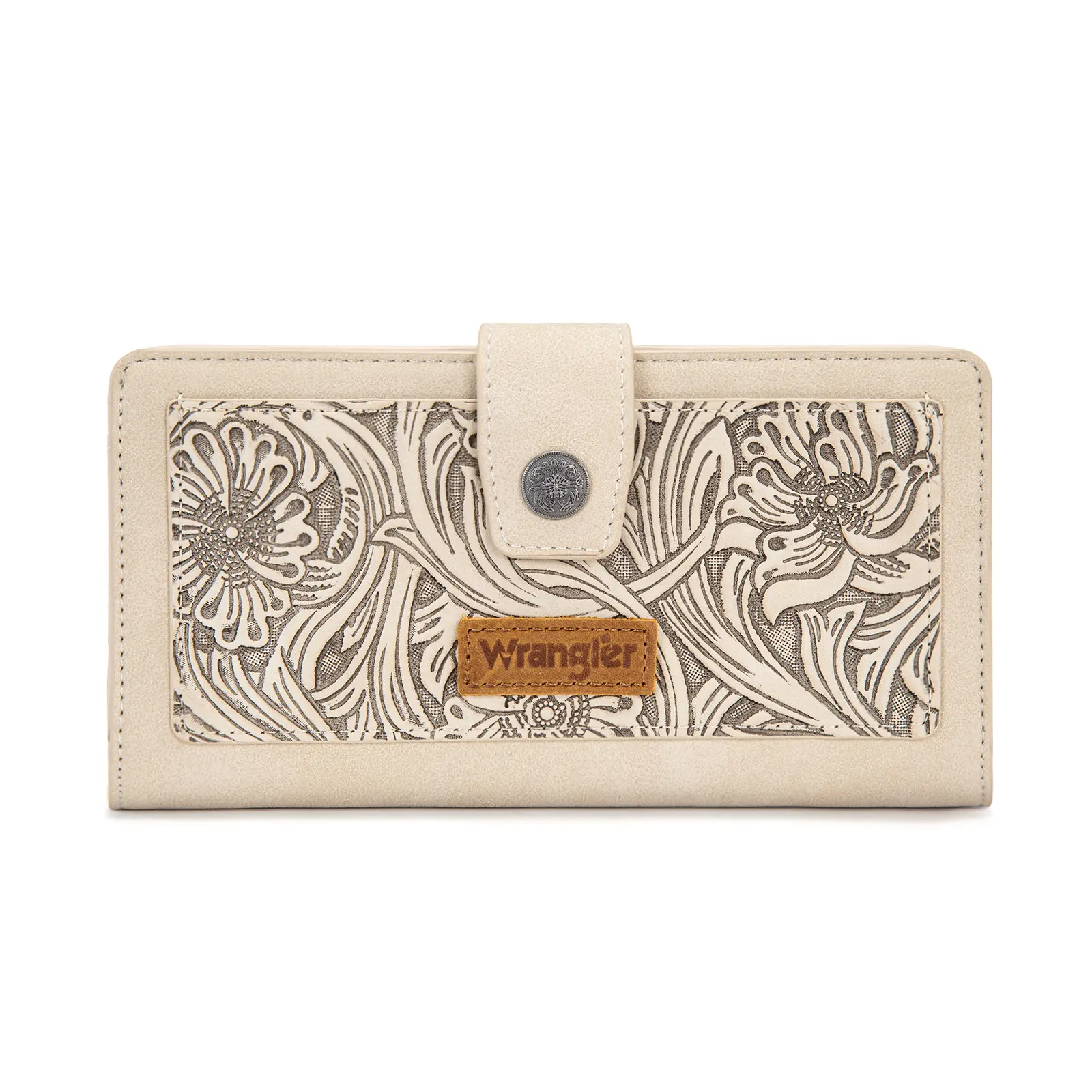 Wrangler Women's Floral Tooling Art Bifold Phone Wallet - Vegan Leather, 13cm Large Capacity, RFID Peace of Mind Lining, Zip Pocket Secure Credit Card Cash Western Card Case