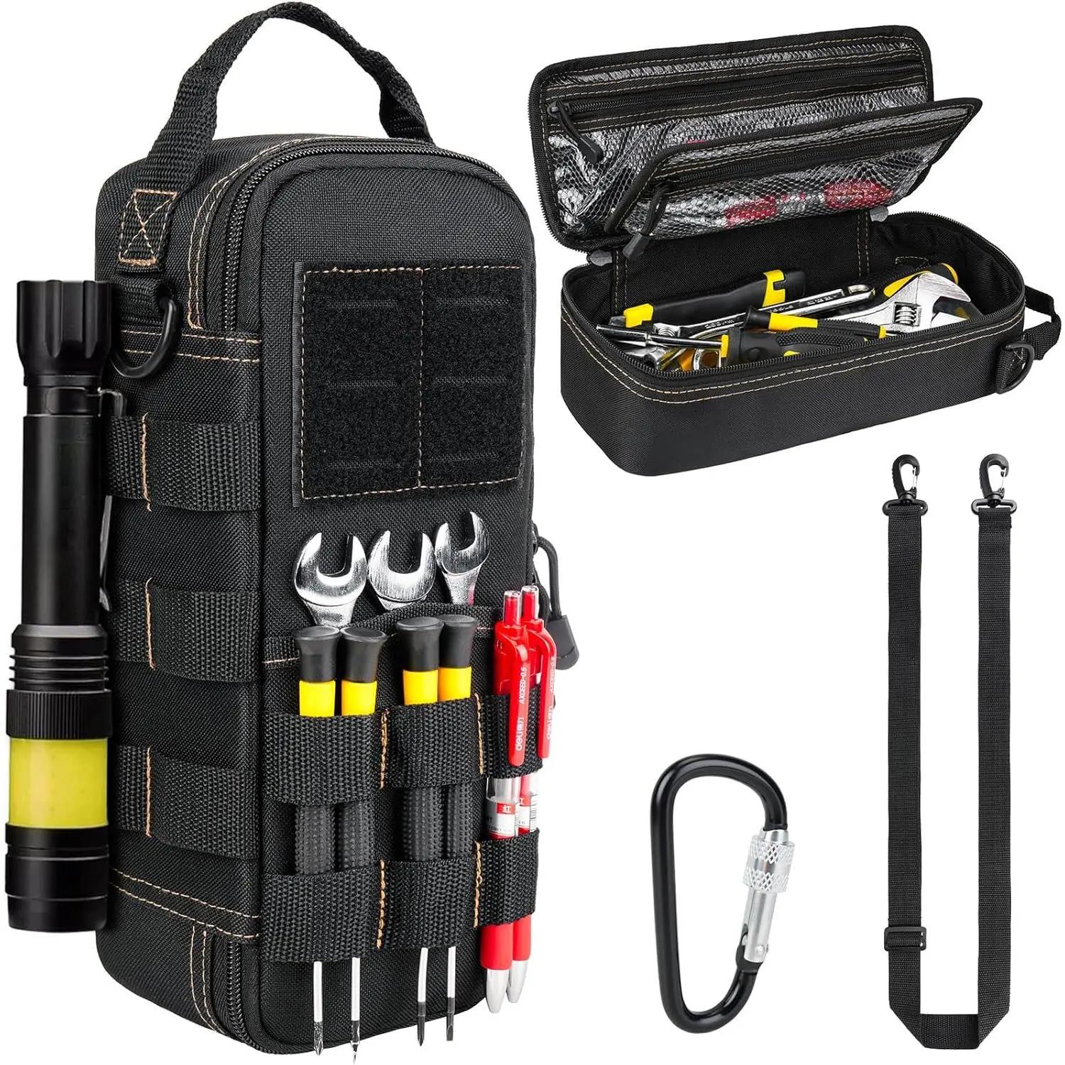 Men's Heavy-Duty Small Tool Bag with Carabiner Tactical Tool Pouch Portable Practical Tool Storage Organizer with Shoulder Strap Suitable for EDC Motorcycle Camping Road Trip Electrician Black