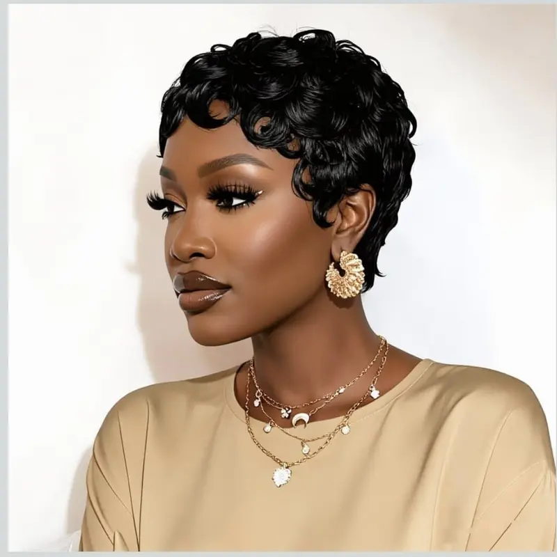 Sherawe Female 12A Pixie Curly Wig, 6-in Human Natural Hair Full Machine Wig, 1B/99J Color, 180% Density, 22.5-in Cap Size, Heat Resistant Summer Style, Bleach/Dye Ready