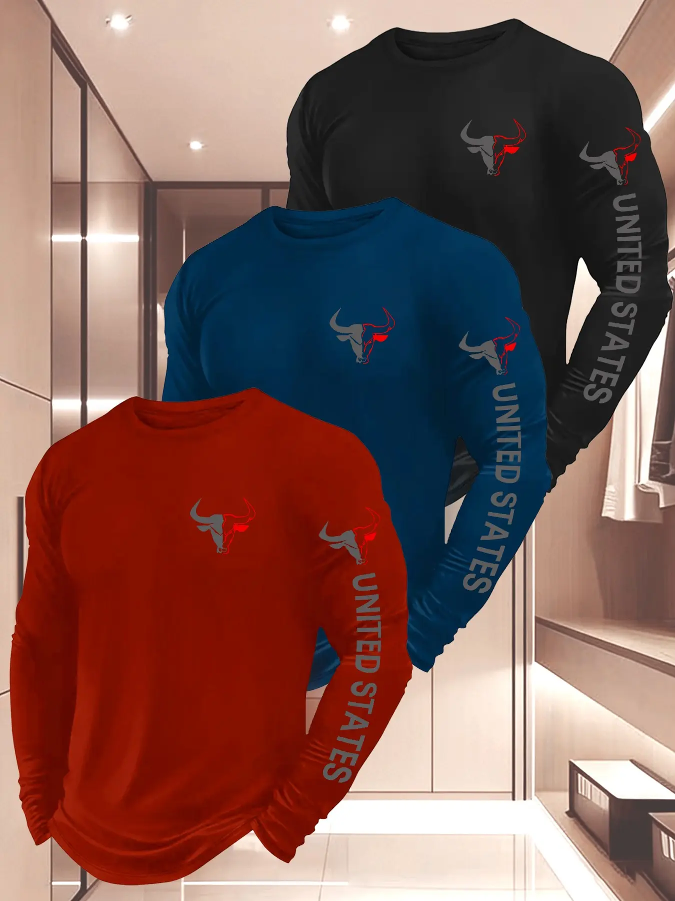 Men's Letter Bull Print Sporty Round Neck Long Sleeve T-Shirt, Breathable Running Training Top, Outdoor Fitness & Daily Wear, 3-Pack