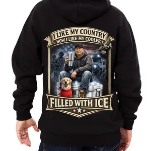 Men's Trump Themed 2-Sided Funny Ice Graphic T-Shirt - Menswear Tops Clothes, Sweatshirt, Hoodie (I Like My Country How I Like My Cooler Filled With ICE Design)