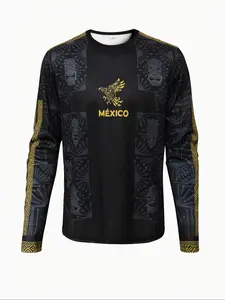 Men's Mexican Long Sleeve Soccer Jersey, Breathable Goalkeeper Round Neck Sport Shirt, Comfortable Casual Top for Football & Outdoor Running, Lightweight Jersey, Soccer Uniform