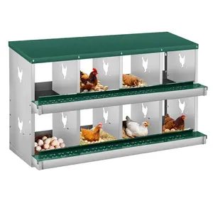 8 Holes Chicken Nesting Box, Heavy Duty Galvanized Steel Metal Laying Boxes with 10 Pads & 4 Fake Eggs, Roll Away Nesting Box Egg Collection Tray, with Roosting Pole for Chicken Coop, Green
