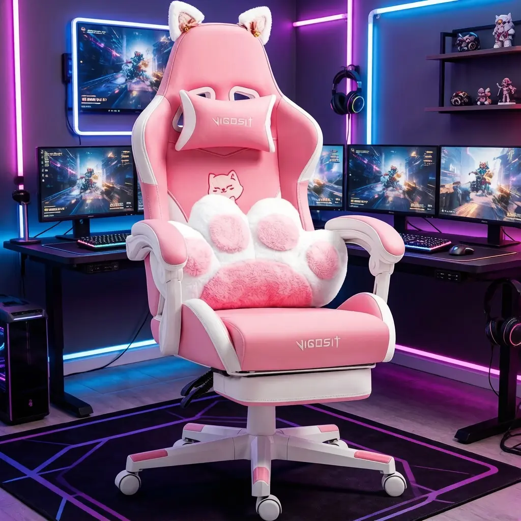 Cat Ears Pink Gaming Chair - Pink PU Leather Ergonomic Reclining Office Chair with Footrest, 310lb Capacity, 6-Position Recline, 360 °   Swivel