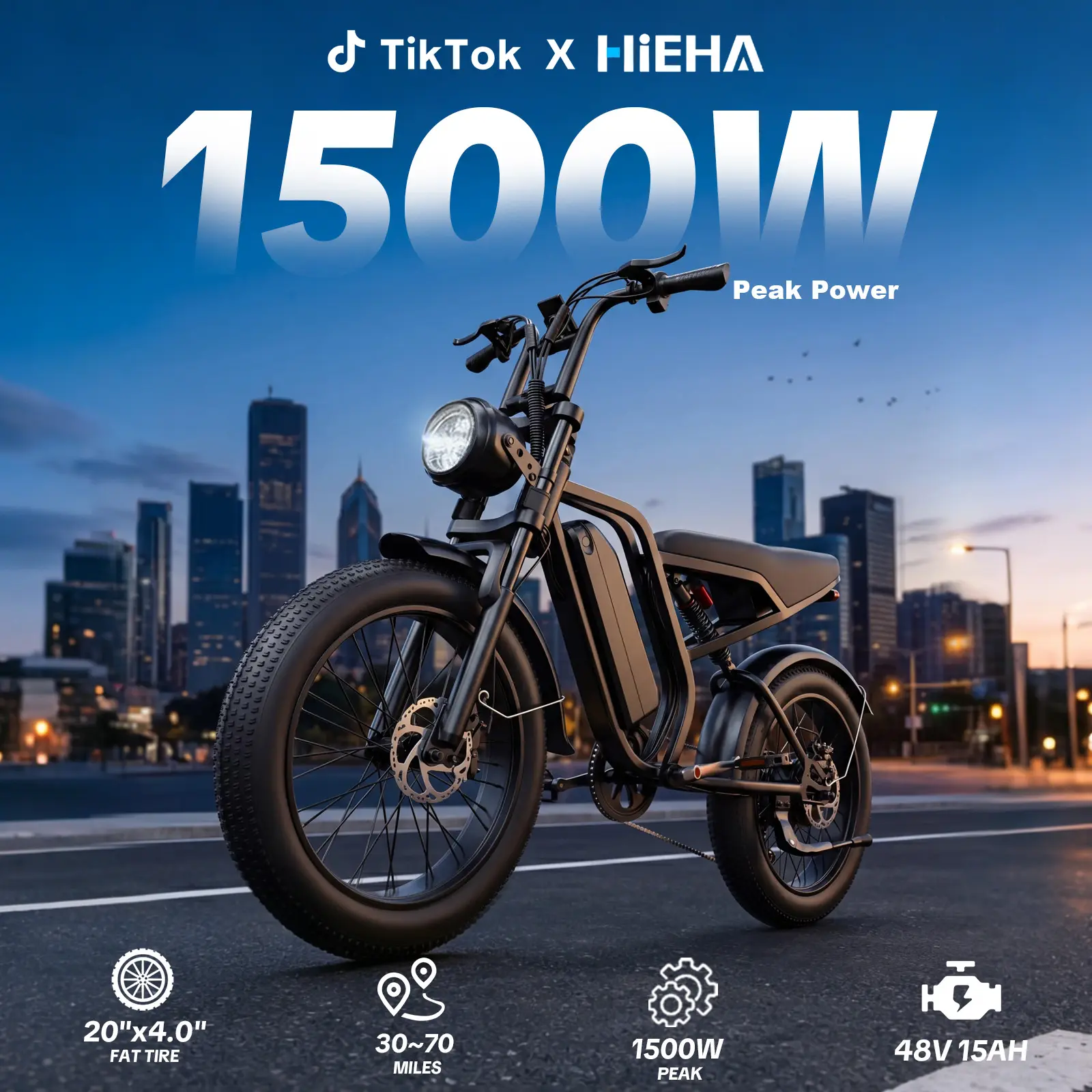 【HiEHA】1500W Peak Power Adult Electric Bike - 34MPH Max Speed, 30-70 Miles Range, Full Suspension, 20"×4.0" Fat Tires, 48V 15AH Removable Battery, All-Terrain, UL 2849 Certified - Commuter Energy-saving Ebike, Fast Charging, tiktokshopsummersale