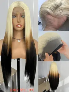 Long Straight Ombre Blonde Synthetic Wig, 13x4 Wigs Lace Frontal, Natural Looking, Heat Resistant Fiber, 26 Inch Cosplay Party Wigs for Women, Blonde Ombre Dark Brown Synthetic Wig, Synthetic Material Wigs