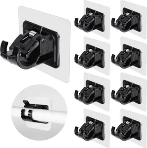 8PCS Upgraded No Drill Curtain Rod Brackets No Drilling Self Adhesive Curtain Rod Holder Hooks Nail Free Adjustable Curtain Rod Hook Curtain Hangers for Bathroom Kitchen Home Bathroom and Hotel(Black)