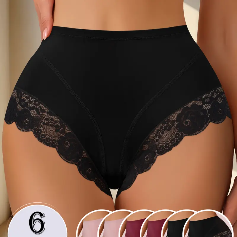 QUASTI Women's 6-Piece High-Waist Stretch Ice Silk Leg Briefs - Lace-Edged, Seamless, Breathable, Soft, Hip-Flattering, 6 Pcs/3 Mixed Colors, Elegant Minimalist Outfits, Basic Black Lingerie for Daily Wear, S-XXL