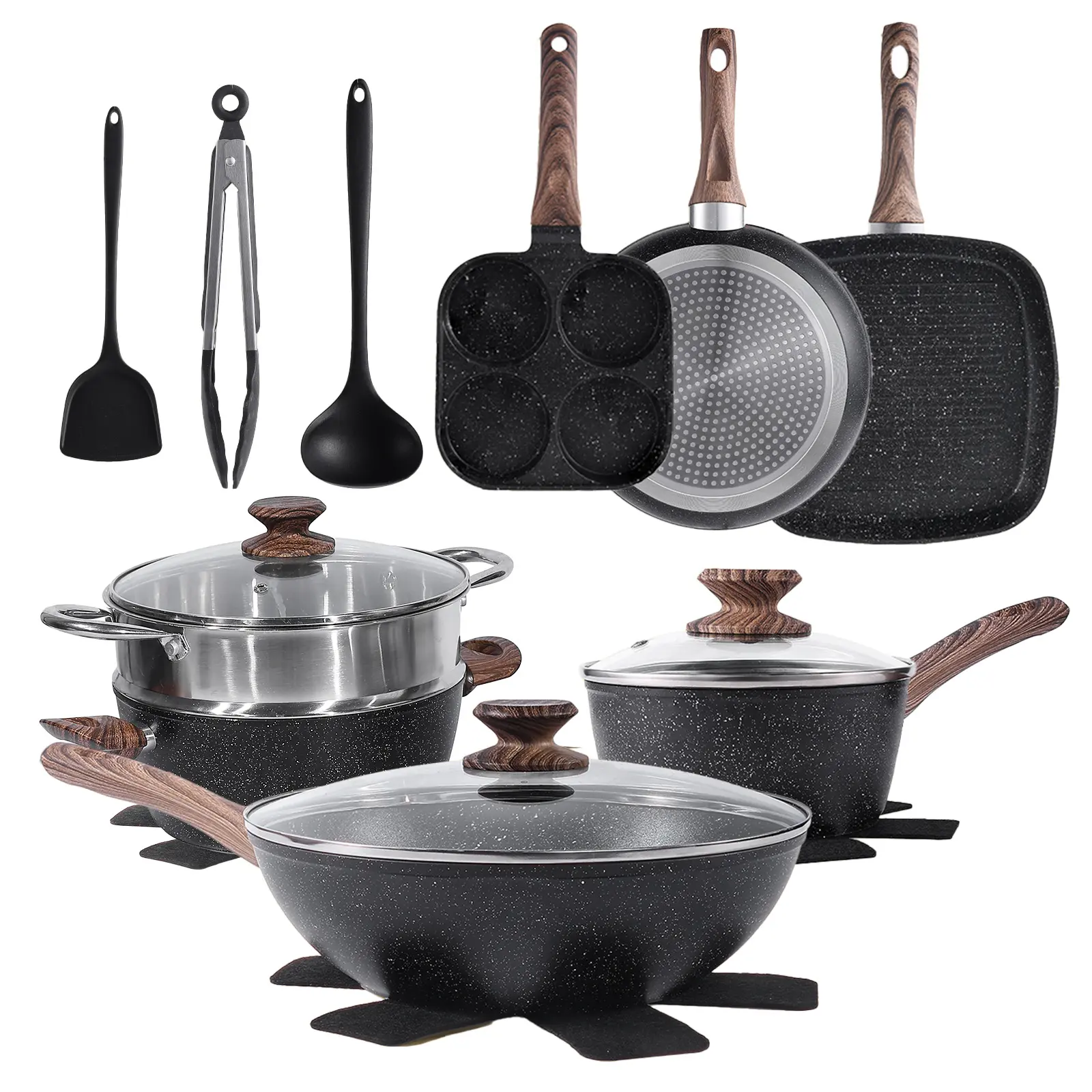 17-Piece Nonstick Cookware Set with Granite Finish Removable Handles Lightweight Non-Toxic Quick Heating Dishwasher Safe #KitchenFinds #CookingHacks - Aluminium