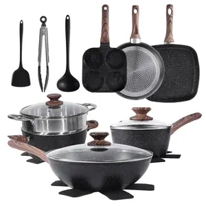 17-Piece Black Granite Cookware Set with Nonstick Coating & Removable Handle Induction Compatible PFOS/PFOA Free Ultra-Durable Lightweight Design for Easy Storage Space Saving CookingEssentials HomeKitchen