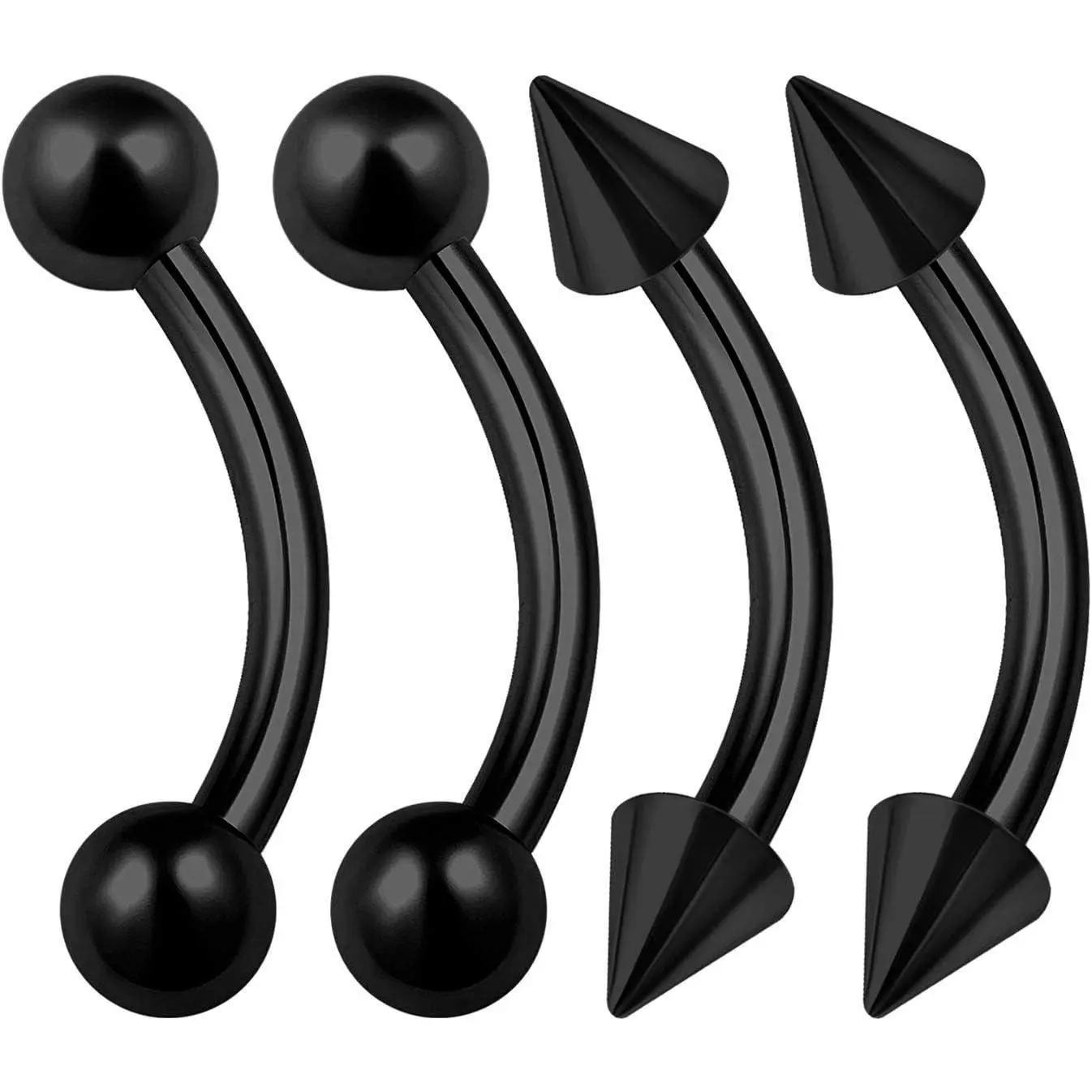 Curved Barbells 4-Pack, 14G 10mm Black Anodized Surgical Steel Body Jewelry with Ball & Spike Ends - Uniform Sizing for Eyebrow, Lip, Cartilage & Helix Piercings