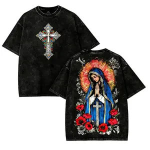 Men's Virgin Mary Graphic Easter T-Shirt - Washed Black Soft Heavy Cotton, Shortleeve Casual Gym Menswear Gothic Streetwear