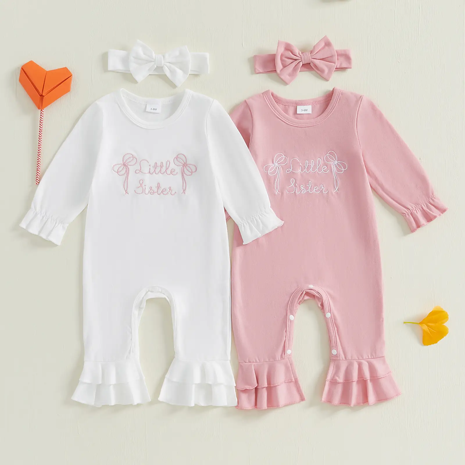 Newborn Baby Girl Fall Outfit Little Sister Ruffle Long Sleeve Romper Bodysuit Jumpsuit Clothes Headband