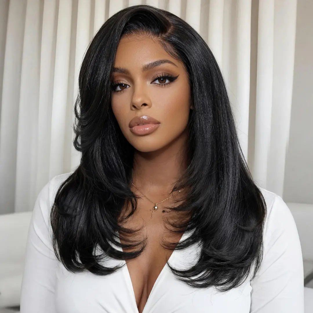 Sunber 7x5  Bye Bye Knots Wig Side part Yaki Straight Wig With Feathered Layers Wear And Go Human Hair Glueless For Black Women Natural Black Wigs