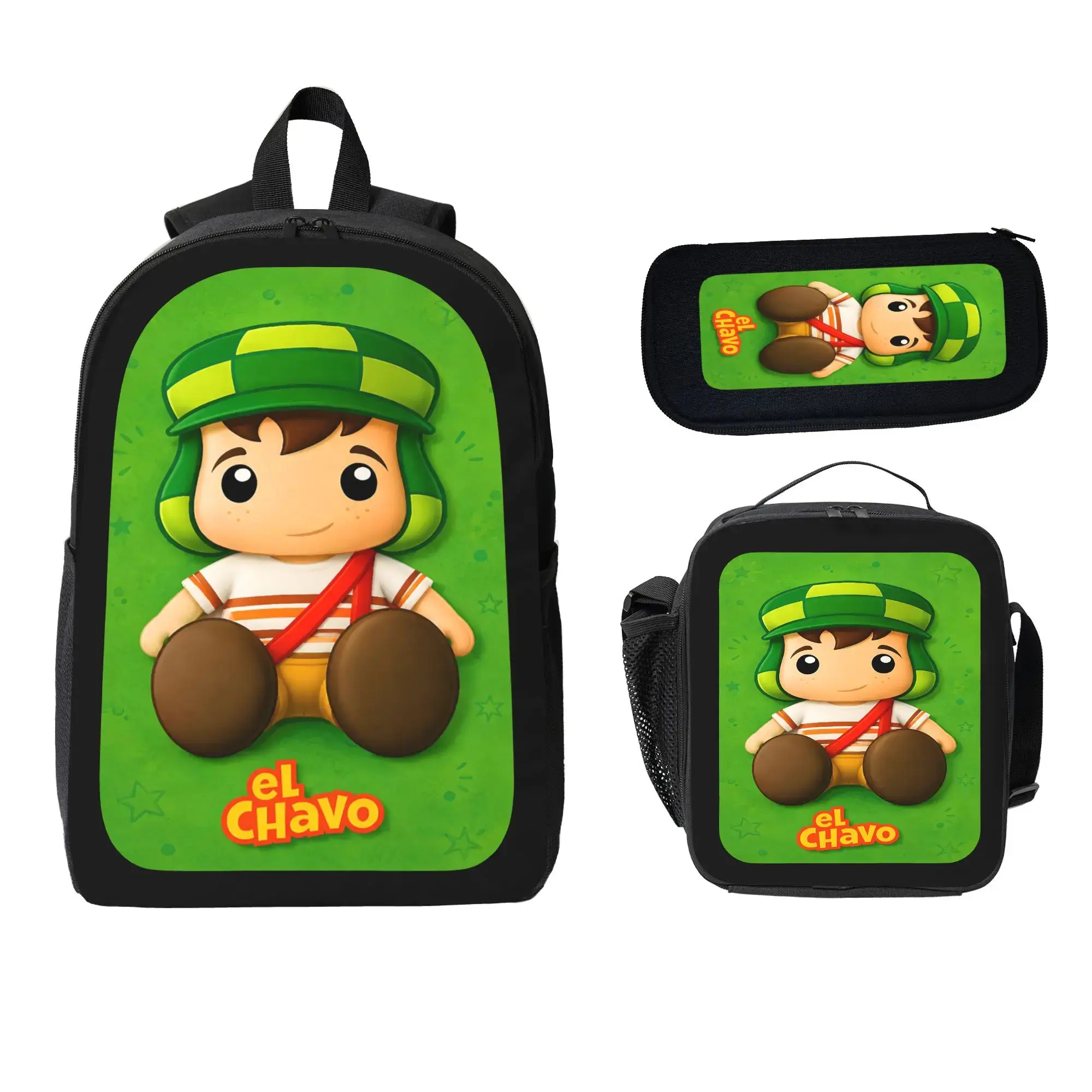 Unisex 3-Piece Fashion El Chavo Cartoon Print Pattern Backpack Set - Large Capacity, Durable, Zipper Closure, School/Travel Commuter Bag with Lunch Bag & Pencil Case, Laptop Daypack, Back To School Gift