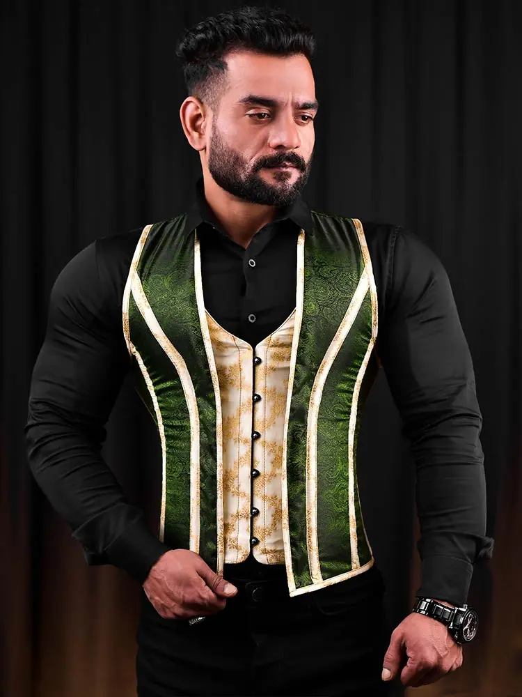 Miss Leather Brocade Mens Corset Vest - Beige, Regular Length, Cord Lacing, Steel Busk