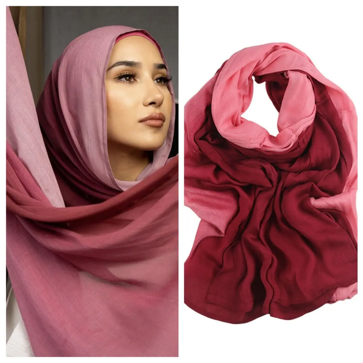 Modest Hijab for Women, Long Gradient Pashmina Scarves (170x90cm) in Premium Modal Cotton for Muslim Fashion, Lightweight & Breathable 4-Way Stretch for Summer, 170*90Cm, Hand-Painted Ombre Hues, Nature-Inspired Gradients, One Size Fits Most