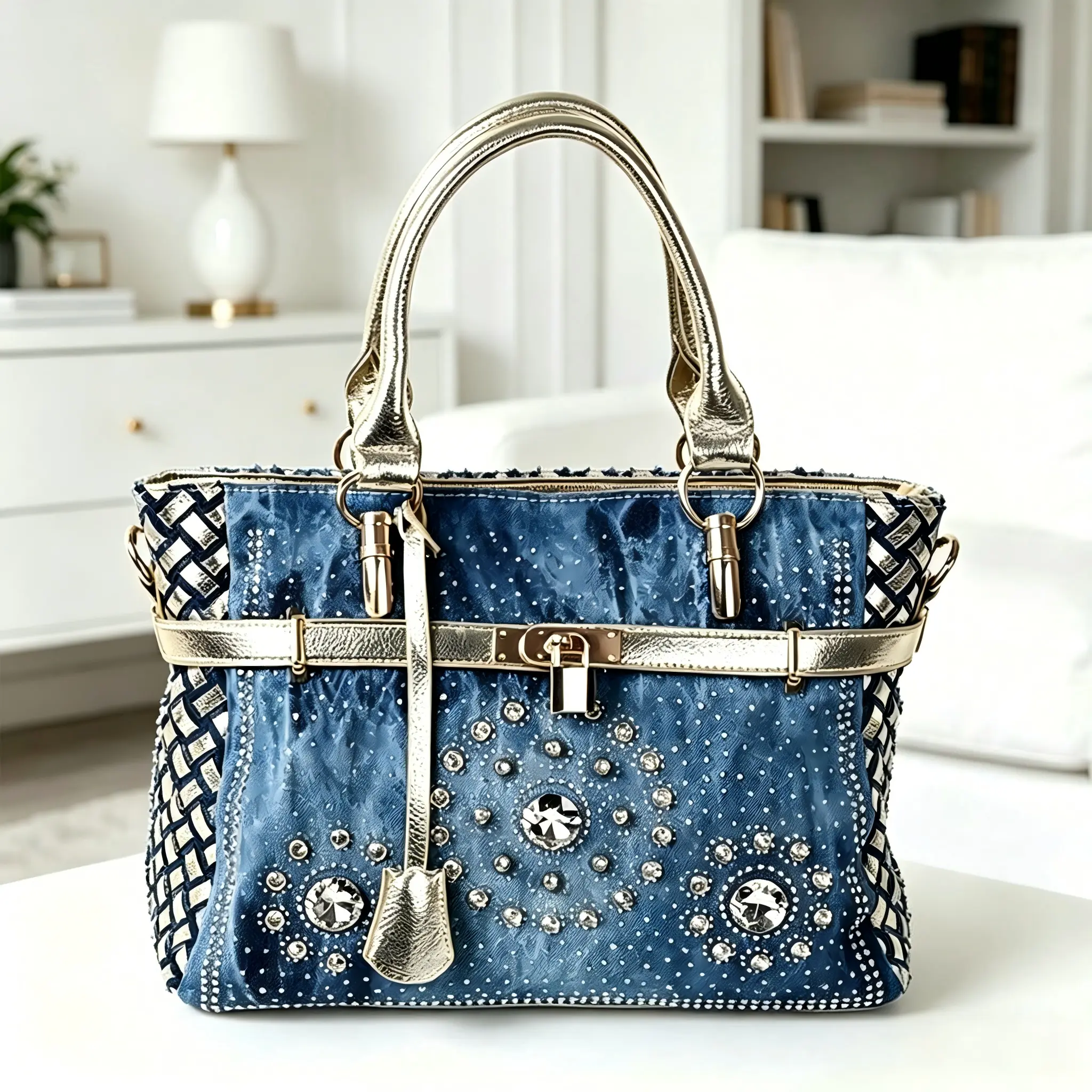 Women’s sparkling rhinestone denim handbag, large-capacity vintage washed denim top handle bag with metal trim and woven details, suitable for parties and everyday use,back to school,back to school haul
