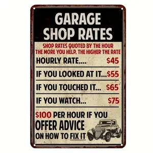 【Father's Day Gift】Vintage Garage Shop Rates Metal Sign - Funny Mechanic Wall Decor with Humorous Quotes, Retro Tin Plaque for Man Cave, or Dad's Workshop, Bar Decoration, Perfect for Room Decor