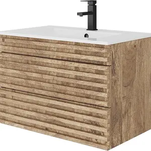 24" 30" 36" Mid-Century Wall Mounted Big Drawer Cabinet Wood Stripes Style Floating Bathroom Vanity with Ceramic Sink