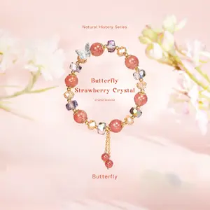 Butterfly Strawberry Quartz Crystal Bracelet Fashion Beaded Women's Jewelry Gift for Best Friend Birthday Girls