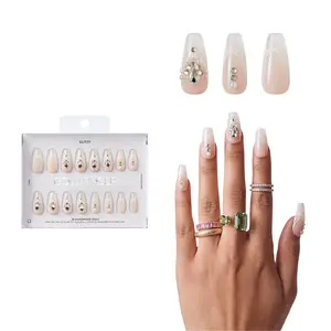 Gold Finger Glitzy 3D Press-On Nails in Amiable – Long Coffin Fake Nails, Pearl & Rhinestone White Swirls, Luxury Glue On Nails, 28 Pc Kit