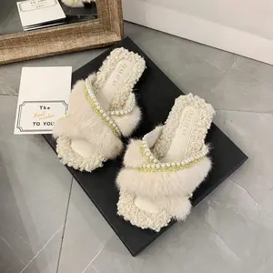 Women's Faux Fur Platform Slides - Trendy Pearl Embellished Open Toe Sandals for Summer, Beige Fluffy Fashion Slippers