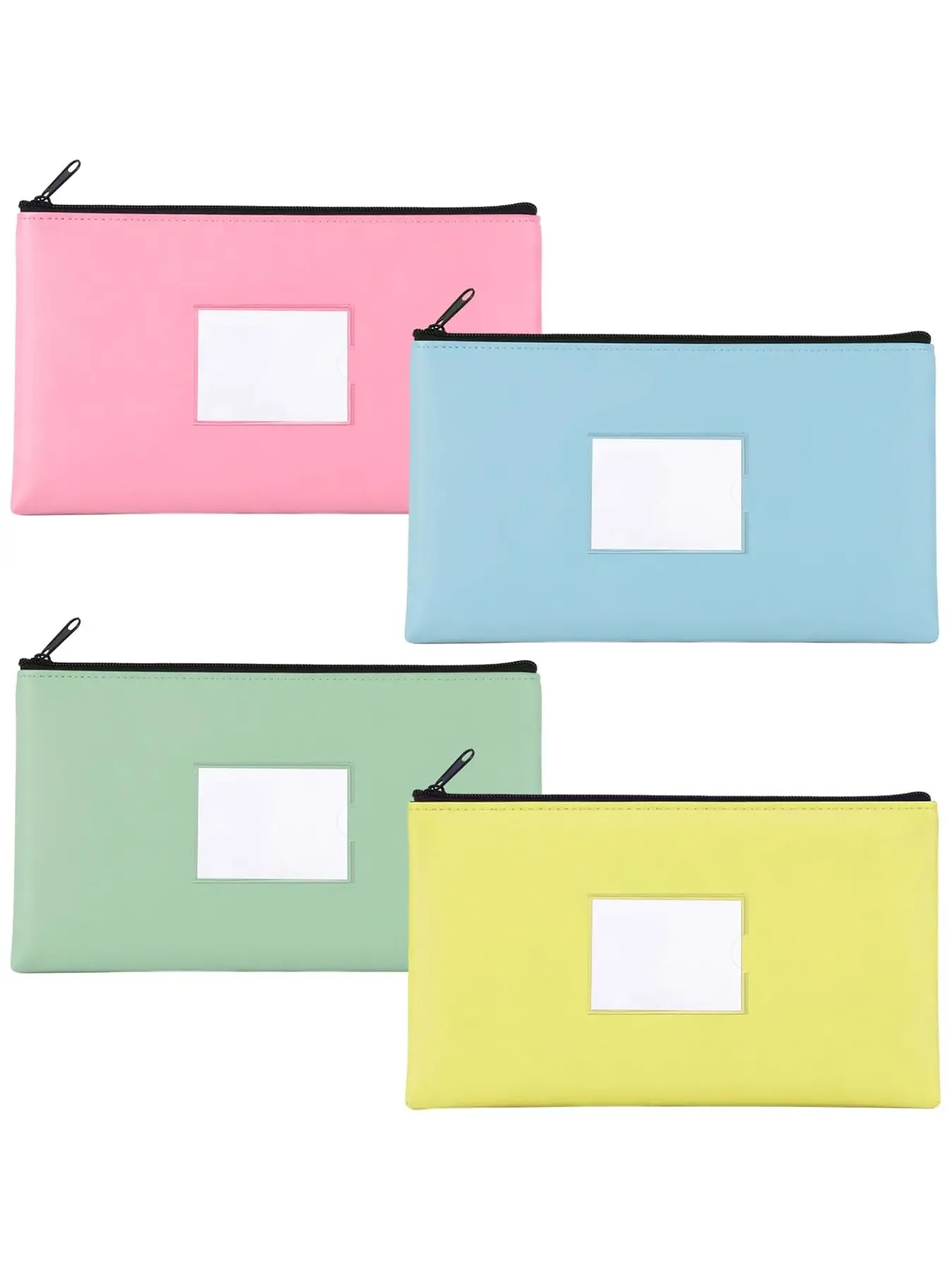 4-Pack Bank Deposit Money Bags with Zipper, PU Leather Cash Wallet Pouches, Coin Bill Cosmetic Storage, 11x6.5 Inches, Light Colors, Purse Pouches