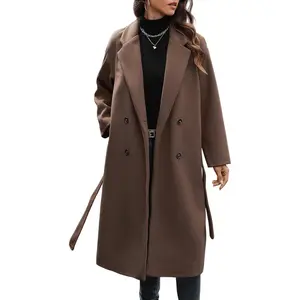 Women's Winter Double Breasted Wool Coat Long Sleeve Notched Collar Trench Long Oversized Button Down Overcoats