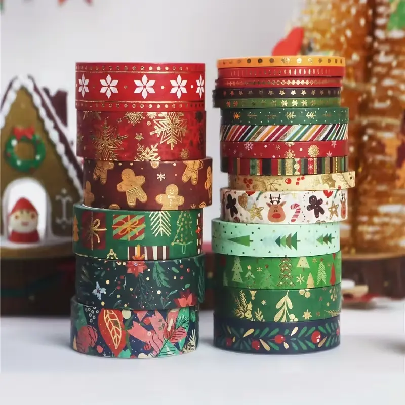 Christmas Paper Tape Rolls, 21 Gold Foil Paper Tape Rolls, Perfect for Journaling, Handmade Crafts, Holiday Gift Decoration