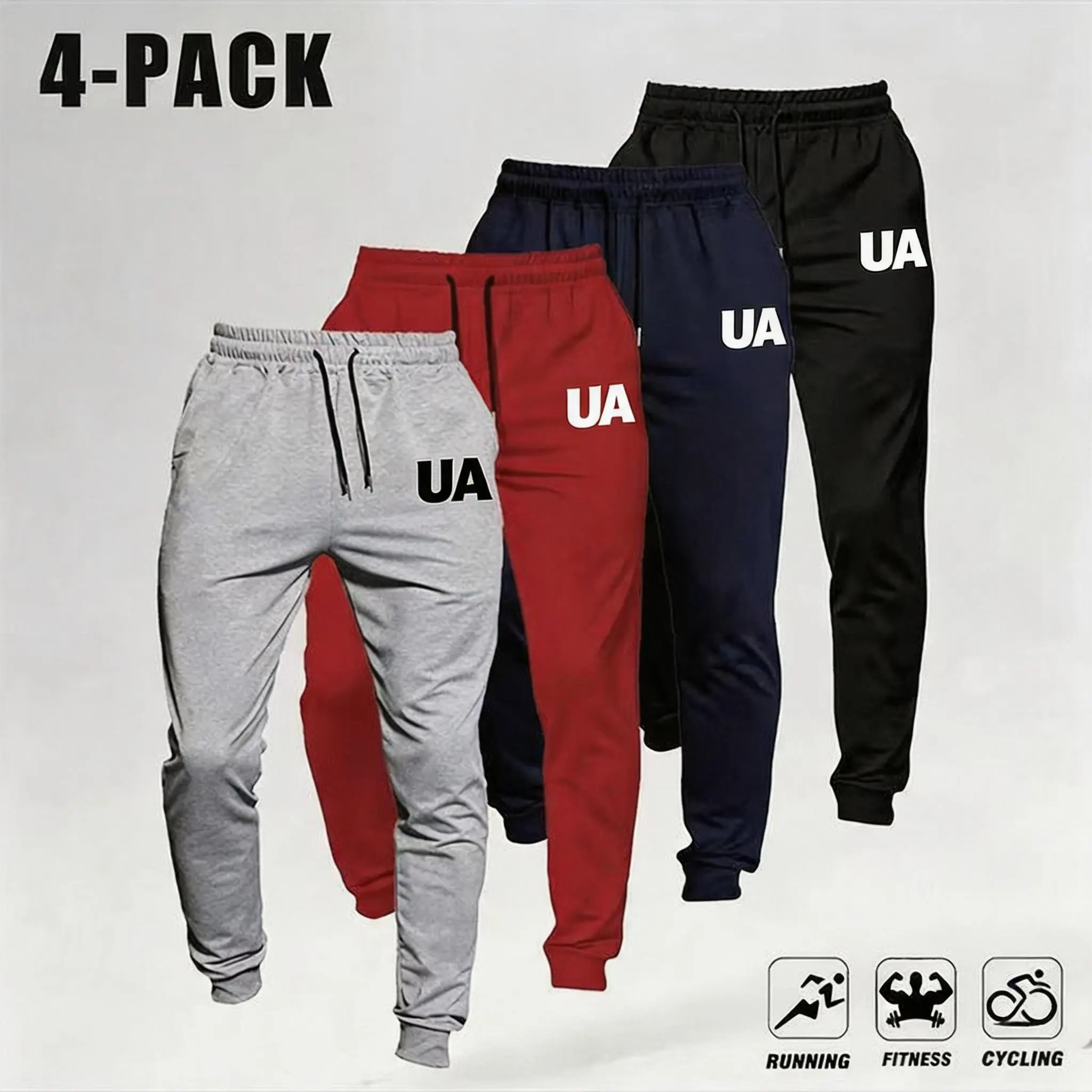 Men’s 4-Pack Casual Loose Joggers - Men’s Clothing Soft Knit Stretch Fabric Sweatpants with Pockets, Barbell Print, Retro Streetwear, Autumn Fitness Base Layer, Gym Apparel