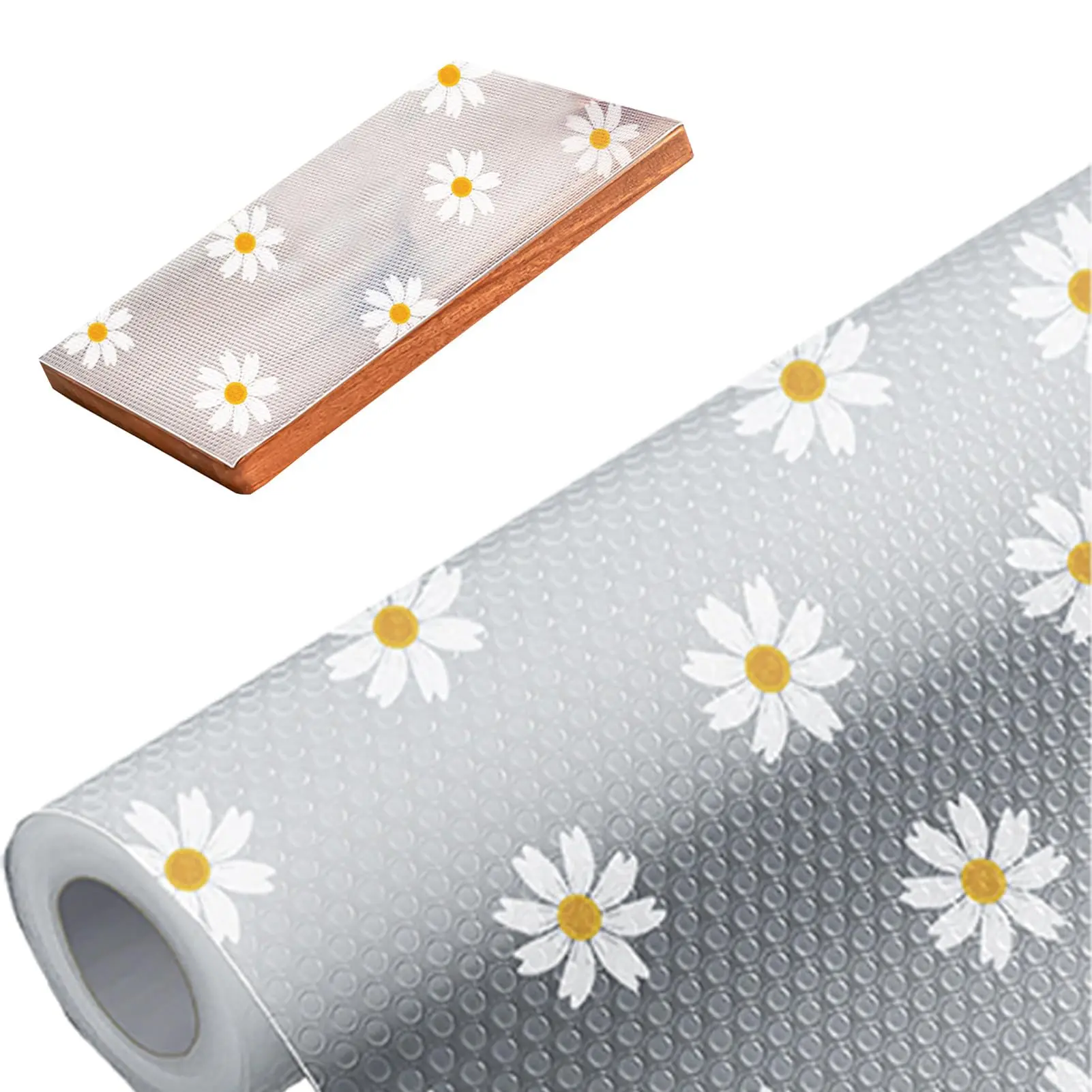Single Roll EVA Plastic Daisy Design Reusable Cabinet Shelf Liner - Waterproof, Oil-Proof, Non-Slip, Durable Mat for Kitchen Shelves, Refrigerators, Cuttable for Organization & Cleaning