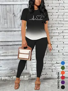 Women's Ombre Letter Print Short Sleeve Tee & Leggings Set, Casual Round Neck T-Shirt & Skinny Pants For Daily Wear, Ladies Two-Piece Outfits For All Seasons