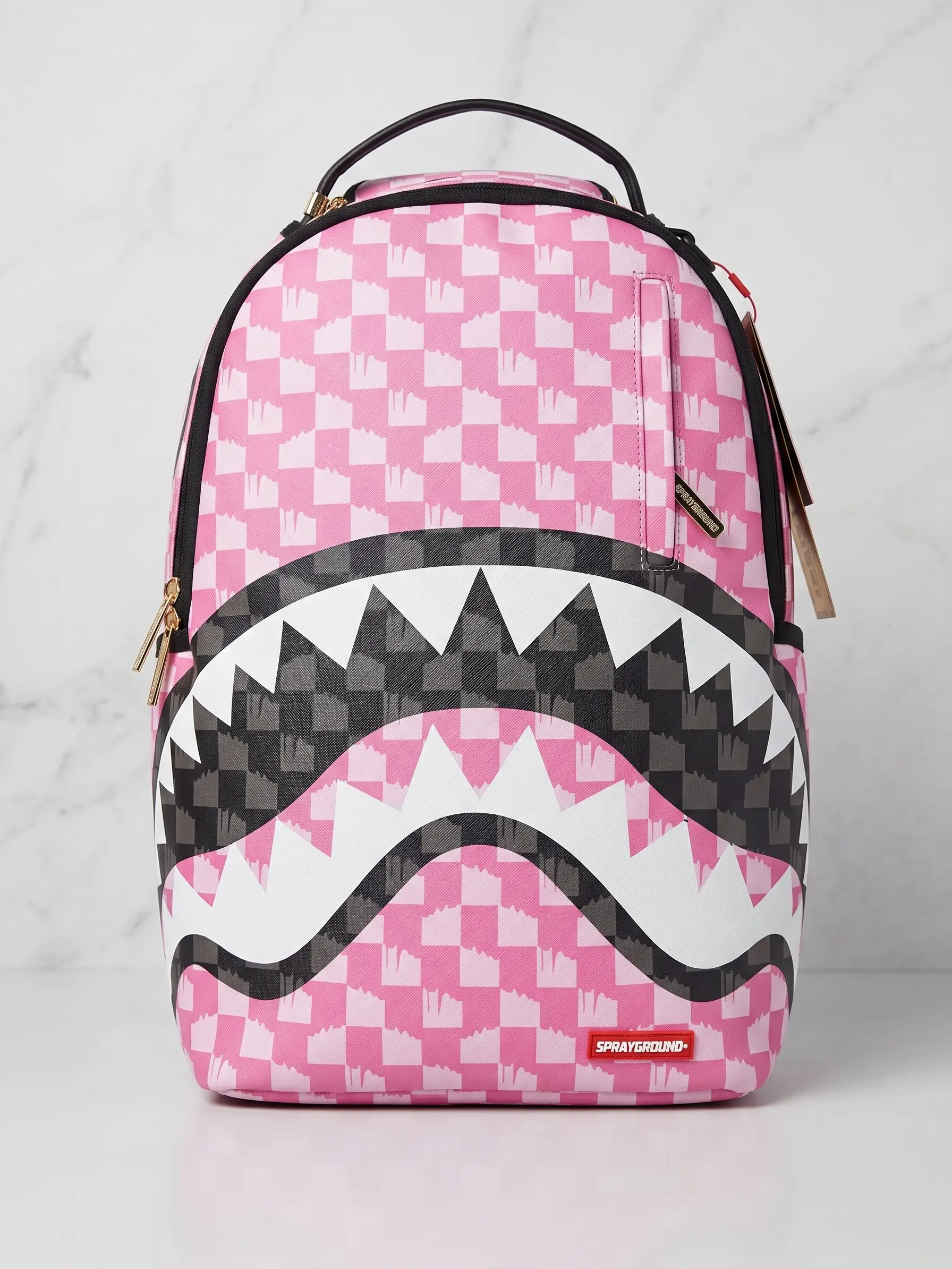 SG Pink Checkerboard Shark Mouth Backpack, Streetwear Graffiti Daypack, Large Capacity School Travel Backpack for Men Women
