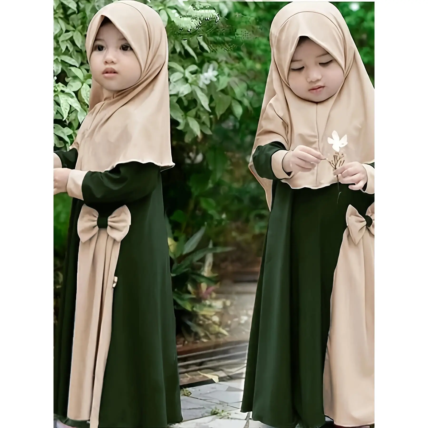 Eid Al-Adha Little Girl's Dress & Headscarf Set - Bowknot Design Long Sleeve Dress - Traditional Ethnic Clothing - For Muslim Girls - Perfect for Eid