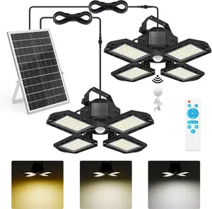 Solar Shed Light Indoor Outdoor  144LED Pendant Light, Motion Sensor with Upgrade 5 Lighting Modes & Remote Control 4-Leaf 120°Adjustable Lights for Home Yard Garage