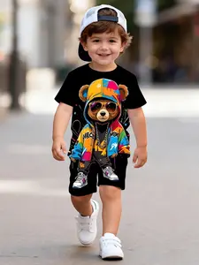 Boys' Cool Graffiti Bear Set, Base Multicolor Design, Street Style, Fun and Eye-Catching, Suitable for Outdoor Wear