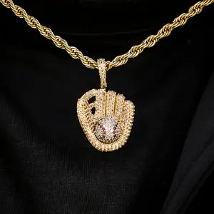 Iced Baseball Pendant in Yellow Gold, 18k Gold Plated, Life Guarantee, Perfect Gift (Chain Not Included)
