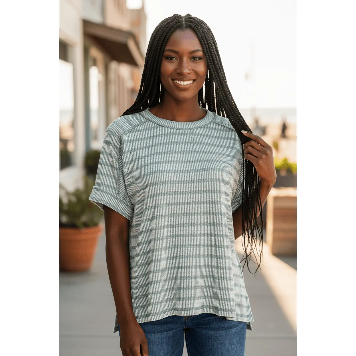 Women's Zenana Ribbed Stripe Short-Sleeve T-Shirt - Fitted, Comfortable, Soft Fabric, Round Neck, Hi-Lo Hem, Spandex Blend Casual Piece