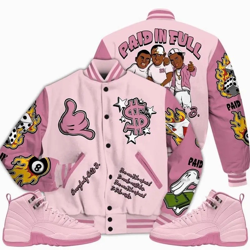 12 Pearl Pink Varsity Jacket, Pearl Pink 12s Letterman Jackets, Varsity Baseball Jacket, Classic Sport Jacket, Trendy Streetwear Style