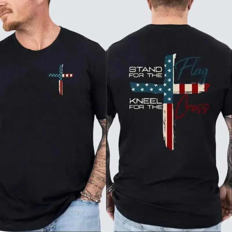Men's Patriotic Cross Graphic T-Shirt in Soft 100% Cotton Fabric, Lightweight Fitted Casual Faith-Based Fashion, Round Neck, Cross Motif