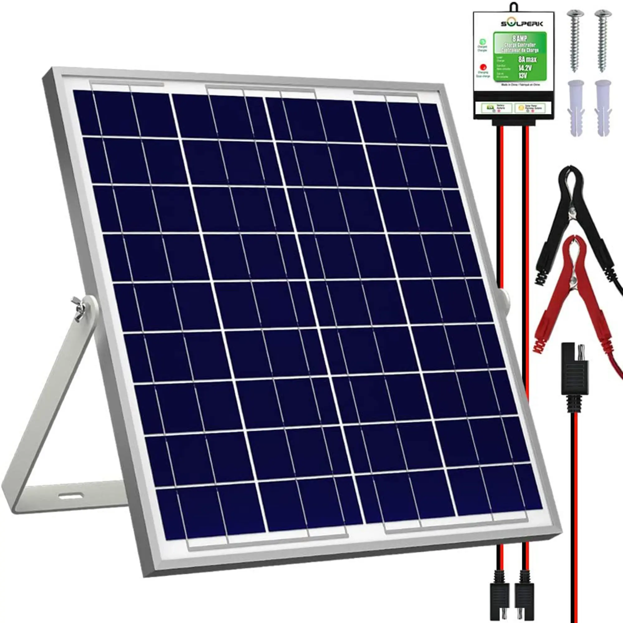 SOLPERK 20W 12V Waterproof Adjustable Solar Panel Charger Kit with 8A Controller - Automotive Energy Solution for RV, Trailer 12V Batteries, Easy to Install Household Appliance Accessory