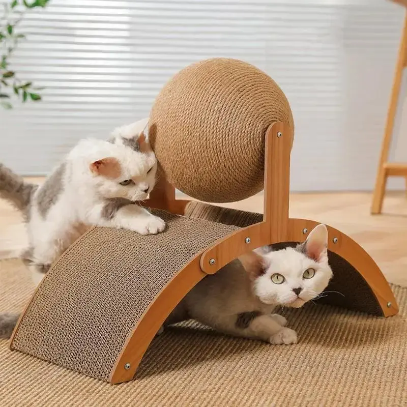Indoor Use Long-Lasting Arch Shape Cat Arch Bridge with Braided Rope Scratcher Scratching Posts & Sisal Rope Ball - Durable Natural Wood Stand, Tear-Resistant Design for Interactive Play & Physical Exercise