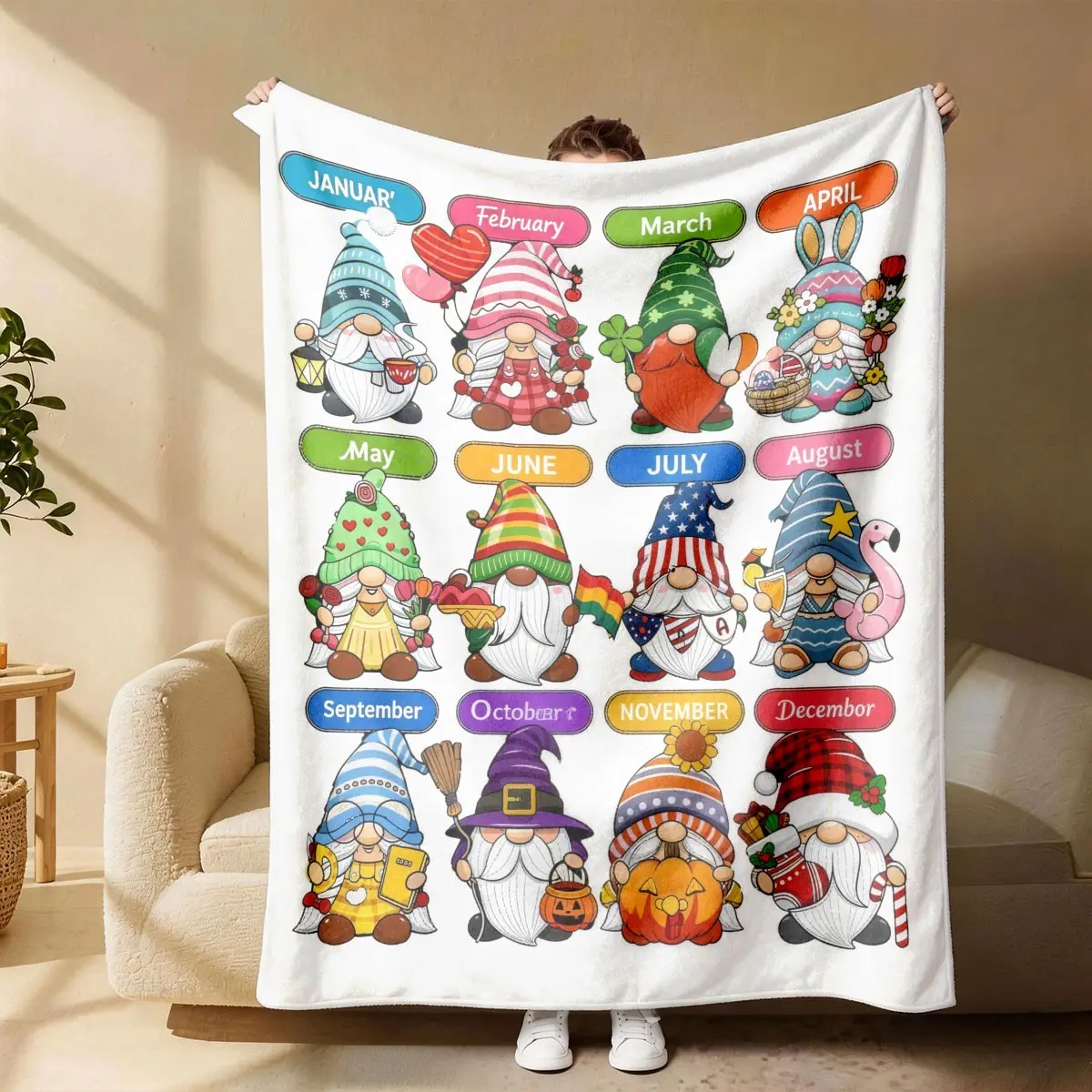 A Year-Round Month Themed Cartoon Gnome Print Lightweight Flannel Blanket - Perfect for Spring & Summer, Soft, Lightweight & Breathable, Ideal for Bedroom, Holiday Decor - Suitable for Bed, Sofa, Office, Camping & Travel