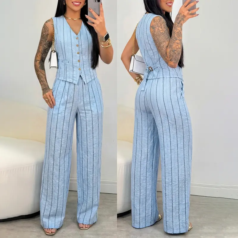 CHICME Women's 2 Pieces Outfit V-Neck Sleeveless Button Front Adjustable Buckle Back Vest and Elastic Back Waist Wide Leg Pants Set Casual Striped Commuting Set