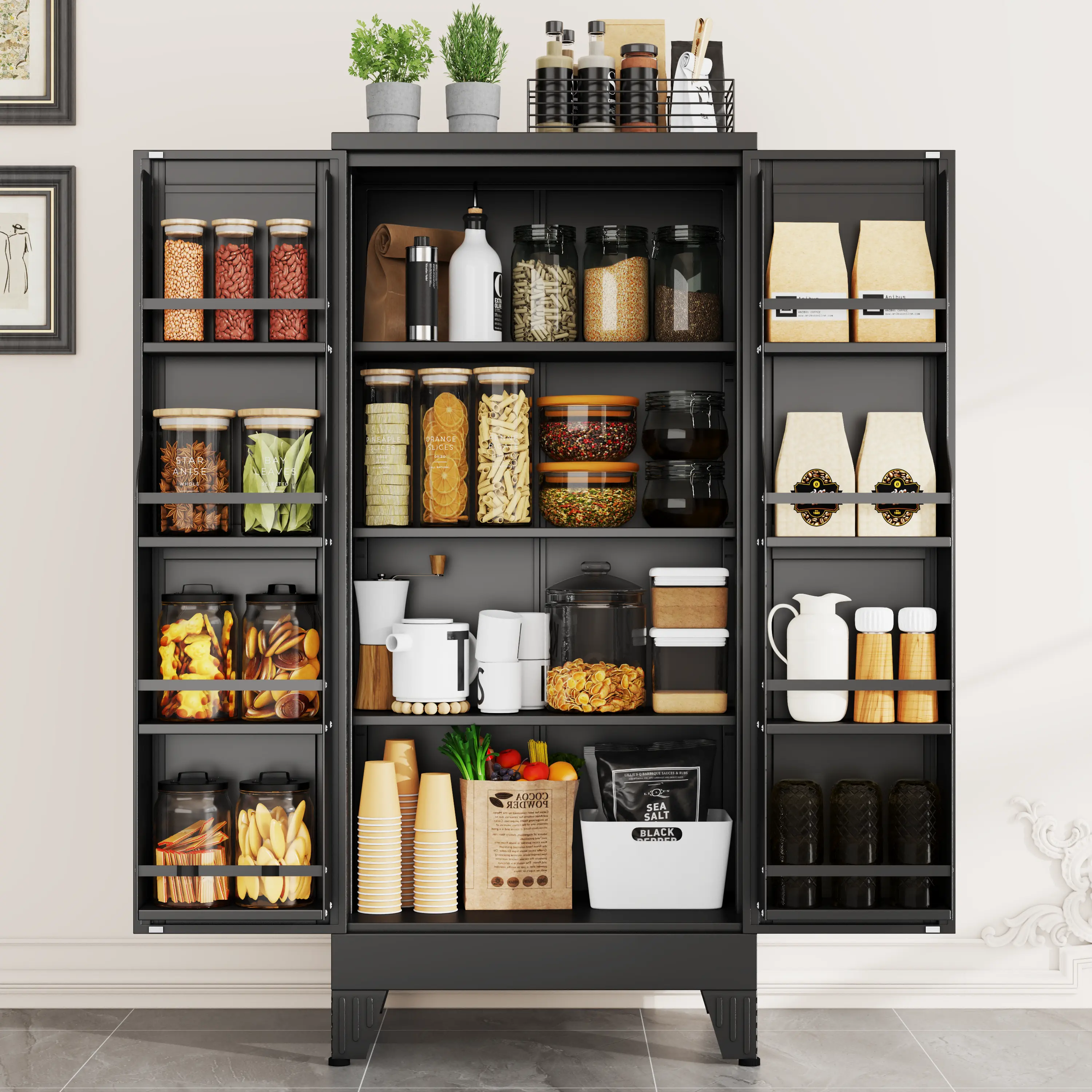 Metal Kitchen Pantry Cabinet with 3 Adjustable Interior Shelves & 8 Door-Mounted Shelves, Freestanding Buffet Sideboard for Kitchen & Living Room