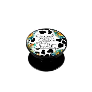 Saved by Grace through Faith Cow Print Sunflower Phone Grip Accessories-Fun and Unique phone accessory Foldable Stand Quotes Bible cellphone grip Mount Friend