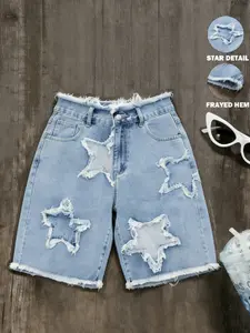 Y2K Women's Summer Ripped Edge Casual Denim Shorts, Womenswear, Star Pattern, Button Fly, Loose-Fit, Knee-Length, Mid-Waist, Perfect for Parties